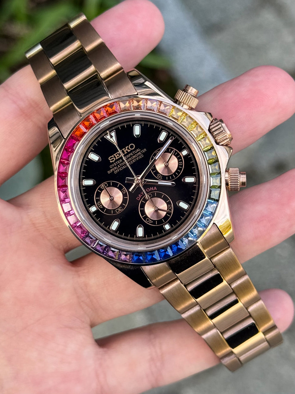 Seiko Rainbow Daytona Mod - Vibrant Gem Bezel, Black Dial, Rose Gold Oyster Bracelet