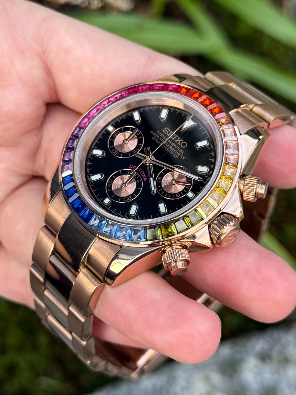 Seiko Rainbow Daytona Mod - Vibrant Gem Bezel, Black Dial, Rose Gold Oyster Bracelet