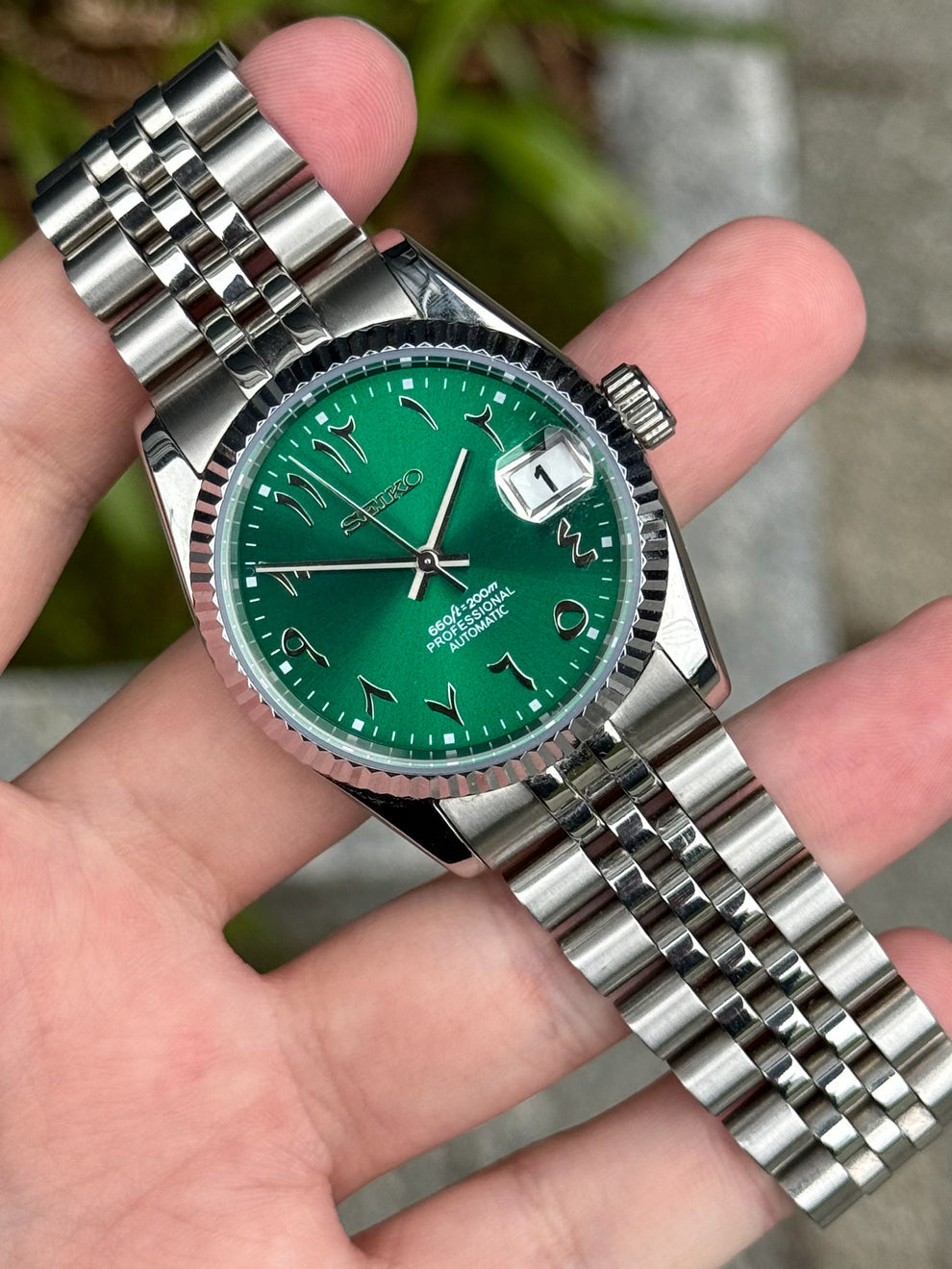 Seiko Mod Datejust Stainless Steel Green Arabic Dial NH35 on Jubilee Bracelet