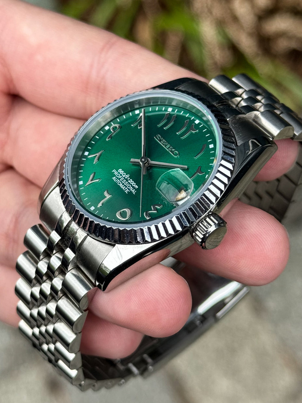 Seiko Mod Datejust Stainless Steel Green Arabic Dial NH35 on Jubilee Bracelet