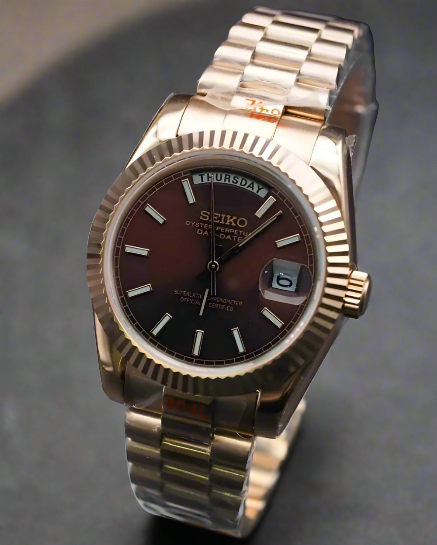 Seiko Custom Mod Oyster Perpetual Date - Rose Gold Case & Brown Dial - NH35 Auto