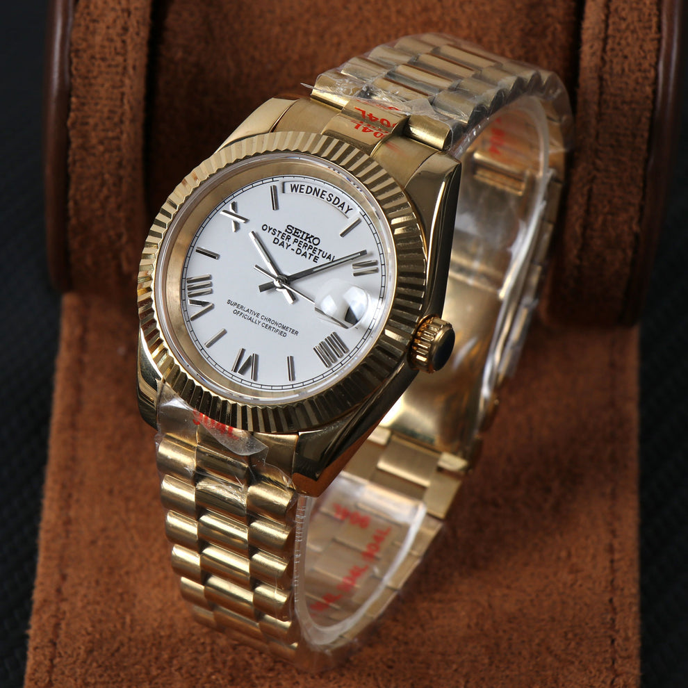 Seiko Mod Gold Day‑Date Style White Dial on President Bracelet