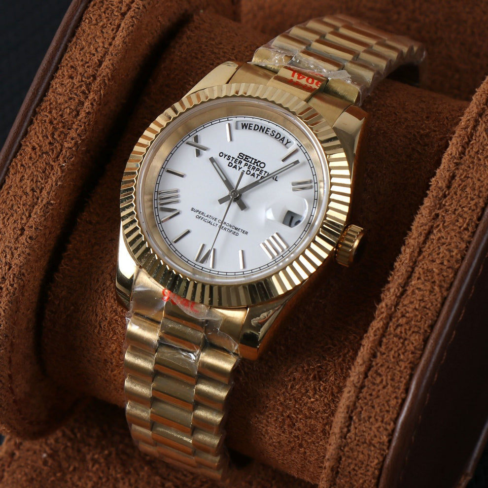 Seiko Mod Gold Day‑Date Style White Dial on President Bracelet