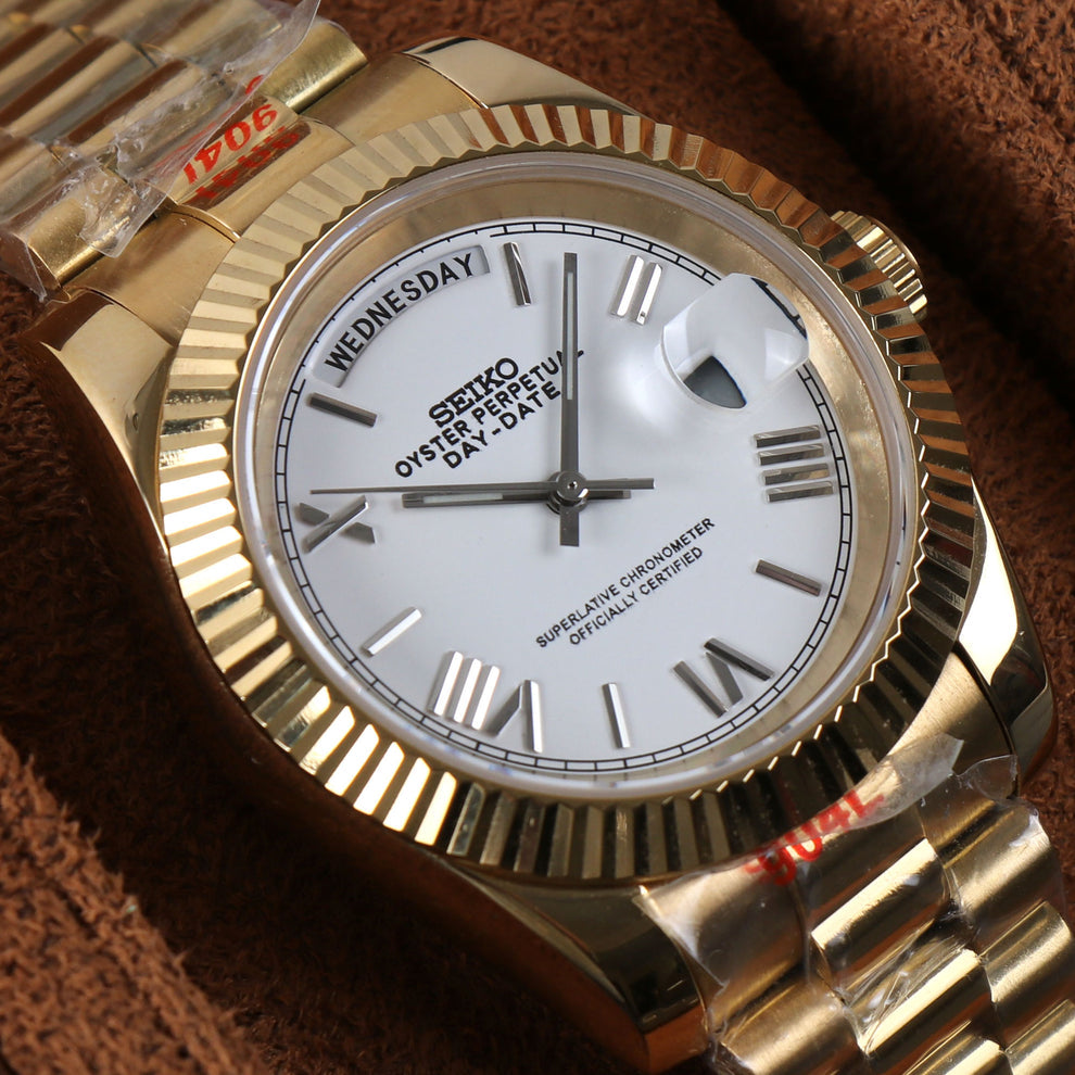 Seiko Mod Gold Day‑Date Style White Dial on President Bracelet