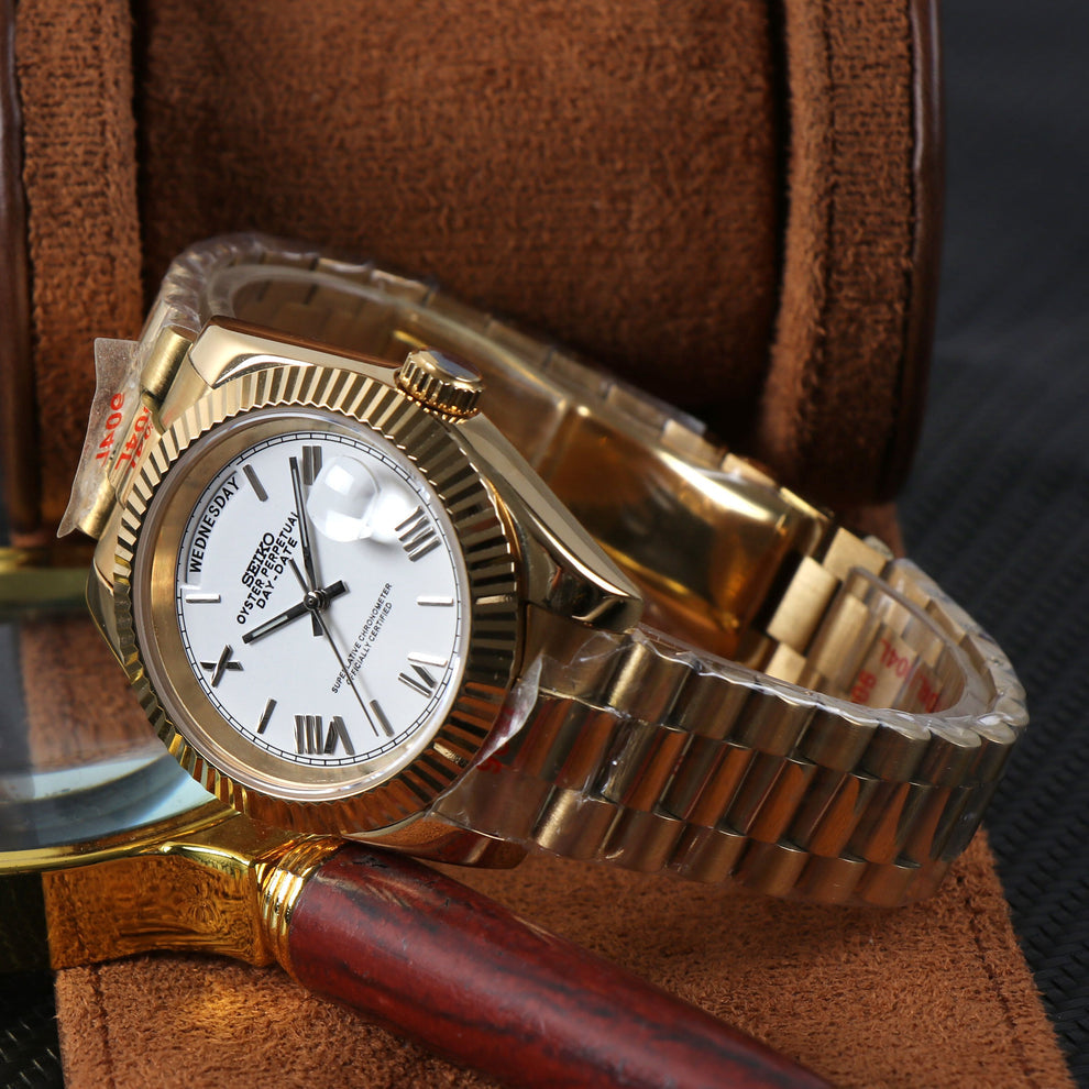 Seiko Mod Gold Day‑Date Style White Dial on President Bracelet